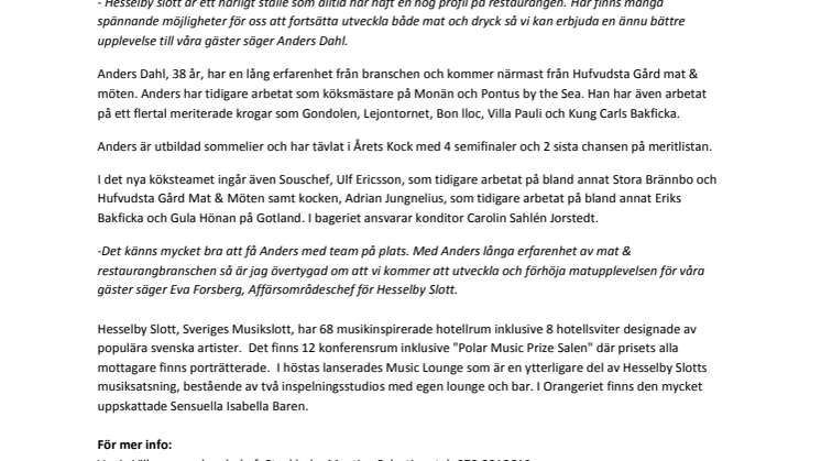 Hesselby Slott stärker upp med Anders Dahl som ny köksmästare och nytt köksteam