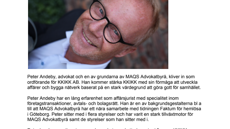 Peter Andeby, MAQS Advokatbyrå, ny ordförande för KKIKK AB