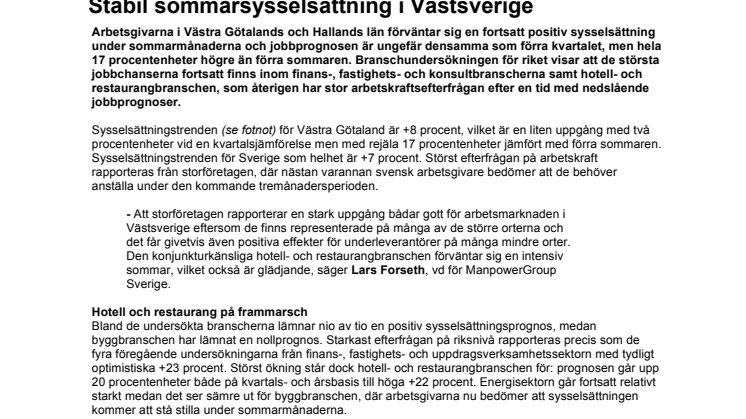 Stabil sommarsysselsättning i Västsverige 