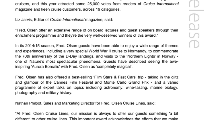Fred. Olsen Cruise Lines is voted ‘Best for Enrichment’ for the third time in the ‘Cruise International Awards’ 