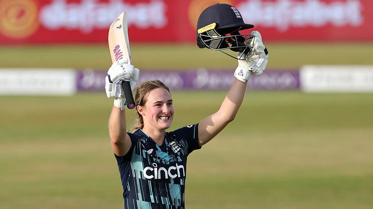 Lamb celebrates her maiden hundred. Photo: Getty Images