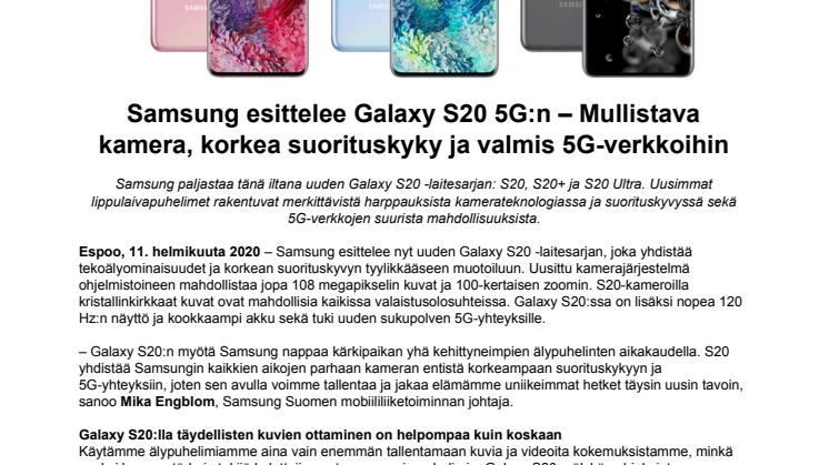 Samsung esittelee Galaxy S20 5G:n – Mullistava kamera, korkea suorituskyky ja valmis 5G-verkkoihin