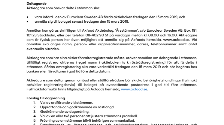 Kallelse till årsstämma 2019 i Axfood Aktiebolag