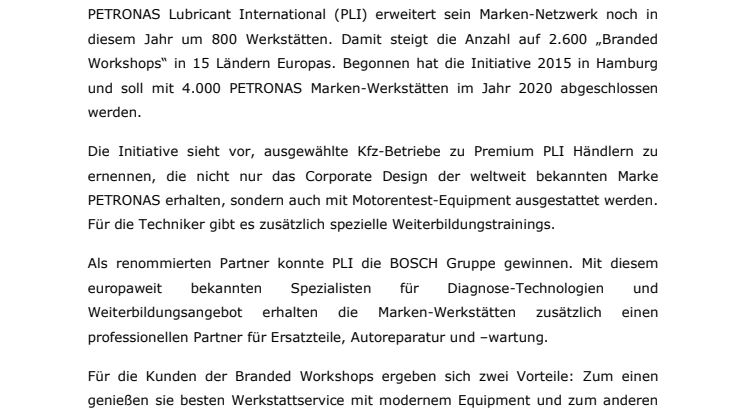 PETRONAS gibt Gas – Mehr als 800 neue Marken-Werkstätten noch in diesem Jahr in Europa