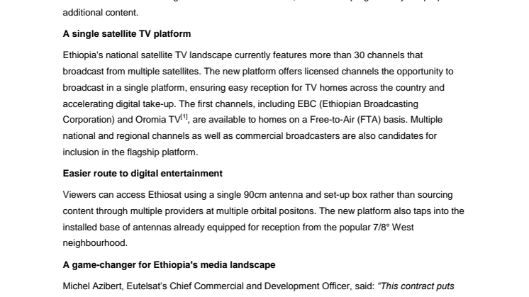 Ethiopia’s INSA agency selects Eutelsat for new Ethiosat TV platform