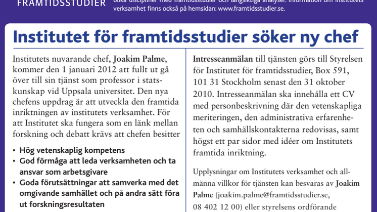 Institutet för Framtidsstudier söker ny chef