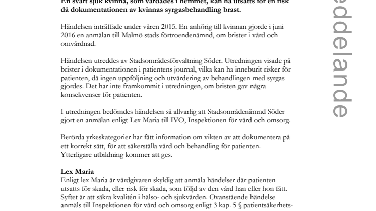 Dokumentationen brast – händelsen Lex Maria-anmäls