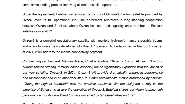 Eutelsat awarded service contract by Ovzon for operation of OVZON-3 satellite 