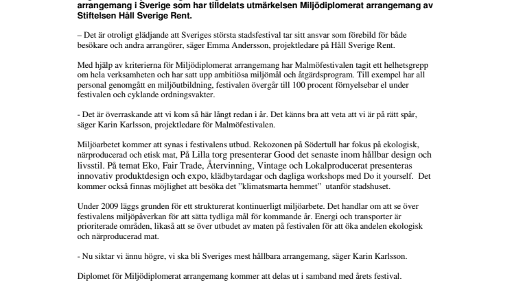 Håll Sverige Rent miljödiplomerar Malmöfestivalen
