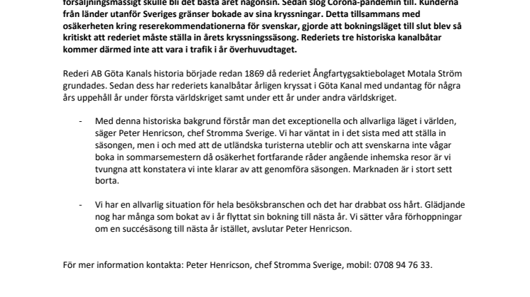 Rederi AB Göta Kanal ställer in säsongens kryssningar 