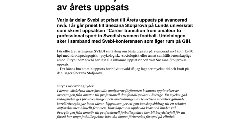 Snezana Stoljarova – vinnare av årets uppsats på Svebi-konferensen