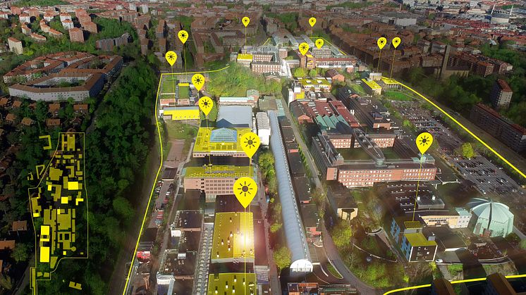 Chalmers Campus Johanneberg, med markeringar på de byggnader där solceller kommer att installeras på taken. Även de byggnader som redan har solceller är markerade.