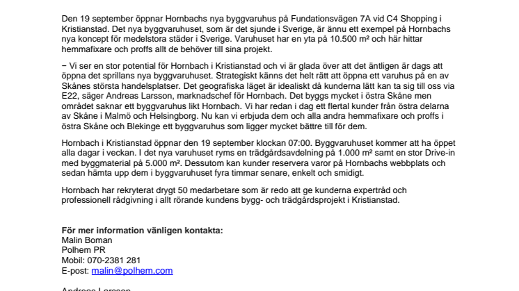 Hornbach öppnar i Kristianstad