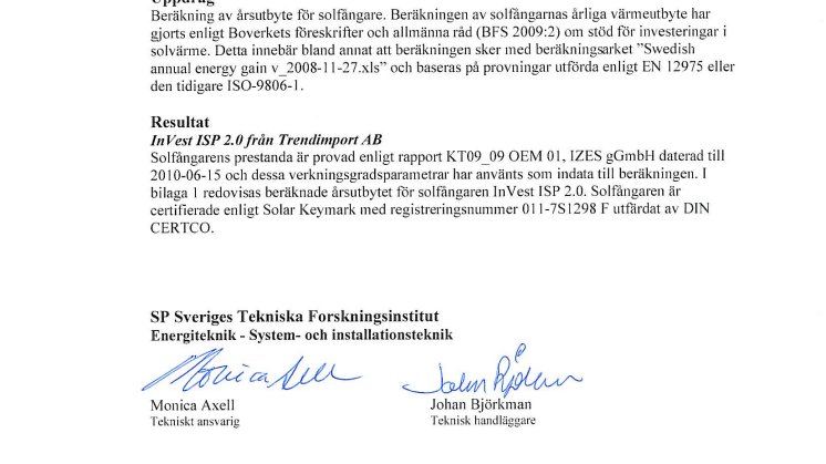 InVest ISP 2,0 - Testad hos SP Sveriges Tekniska Forskningsinstitut 