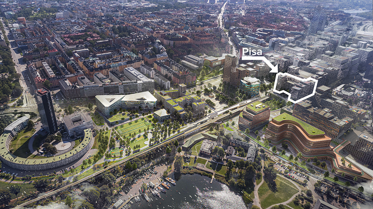 Kvarteret Pisa i Hagastaden kommer vila på Norra länkens norra tunnelmynning. Bild: Stockholms Stad och White arkitekter.