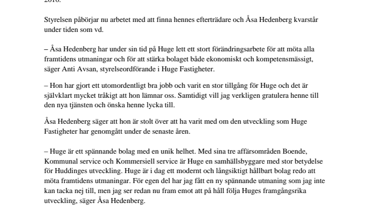 Åsa Hedenberg slutar som vd för Huge Fastigheter AB 