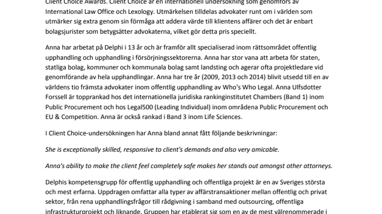 Anna Ulfsdotter Forssell tilldelad Client Choice Awards 2016 i kategorin Projects & Procurement
