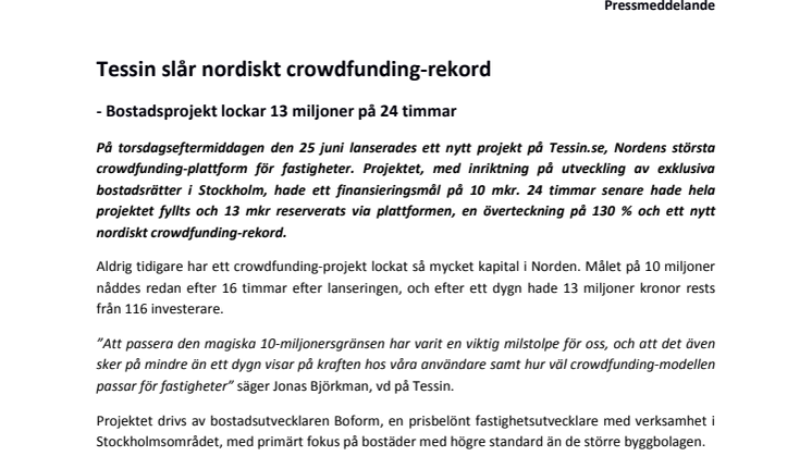 Tessin slår nordiskt crowdfunding-rekord - Bostadsprojekt lockar 13 miljoner på 24 timmar