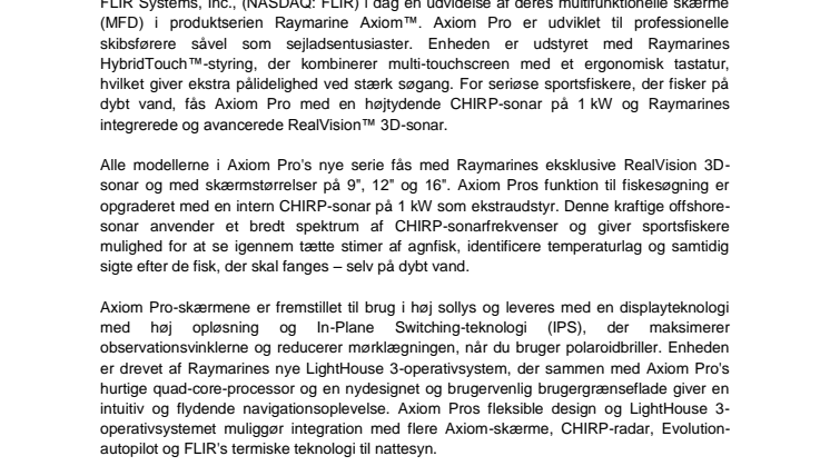 Raymarine: FLIR Systems lancerer Raymarine Axiom PRO's serie af avancerede multifunktionelle skærme