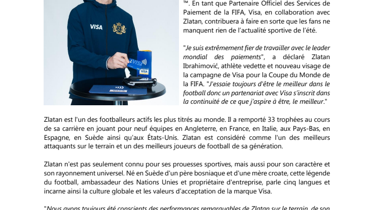 Zlatan Ibrahimović s’associe à Visa  en vue de la Coupe du Monde de la FIFA, Russie 2018™