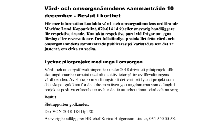 Vård- och omsorgsnämndens beslut i korthet 10 december