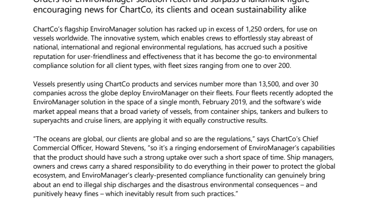 ChartCo’s Innovative EnviroManager Environmental Compliance Management Tool Exceeds 1,000 Vessels 
