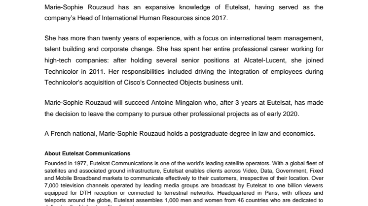 Eutelsat Announces the Appointment of Marie-Sophie Rouzaud as Chief Human Resources Officer
