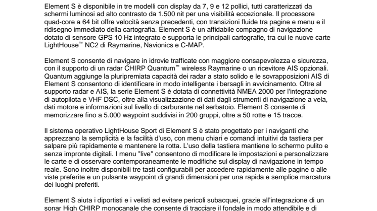 FLIR presenta i display di navigazione Raymarine Element S