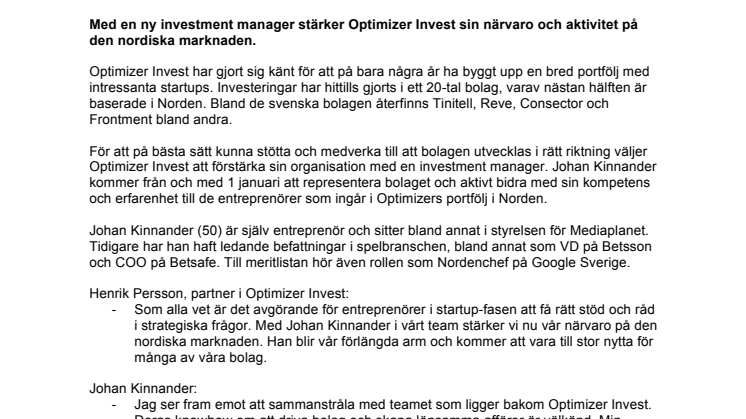 Johan Kinnander ny investment manager på Optimizer Invest
