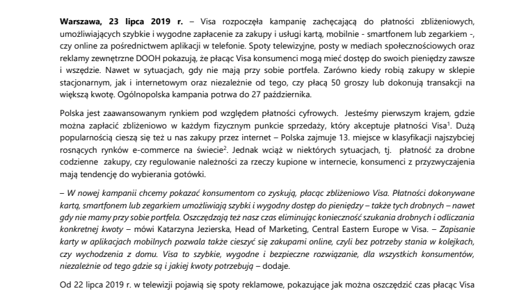 Visa ruszyła z nową kampanią promującą płatności zbliżeniowe kartą i mobilne