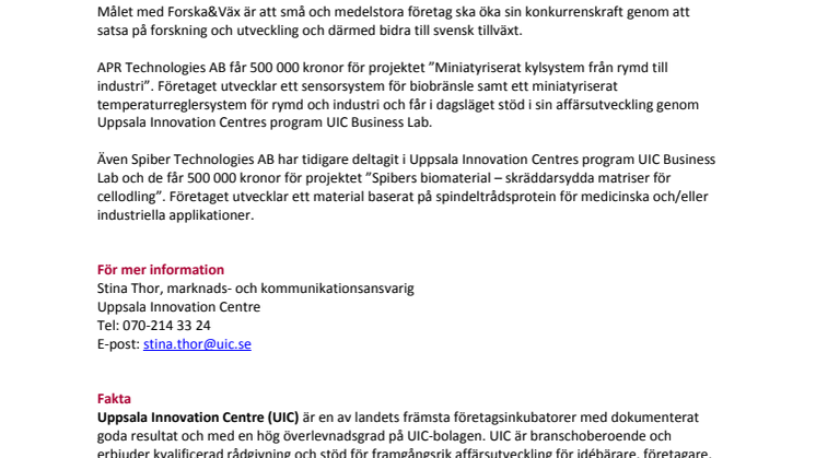 Två UIC-bolag tilldelas en halv miljon kronor av VINNOVA