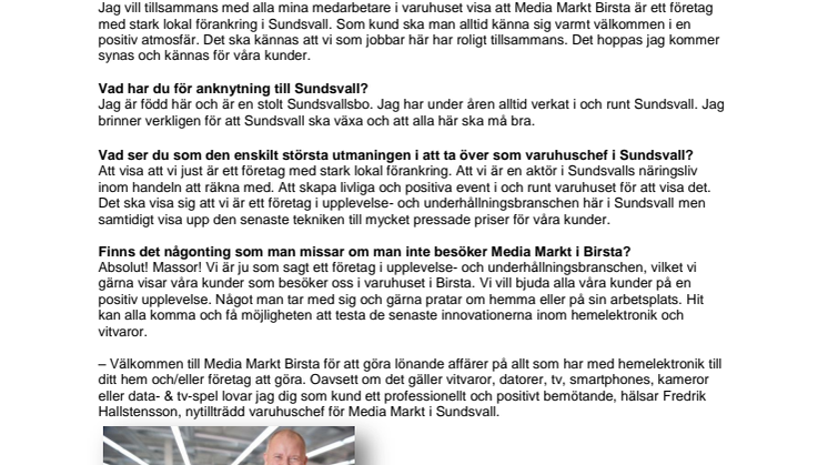 Media Markt välkomnar Fredrik Hallstensson som ny varuhuschef i Birsta!