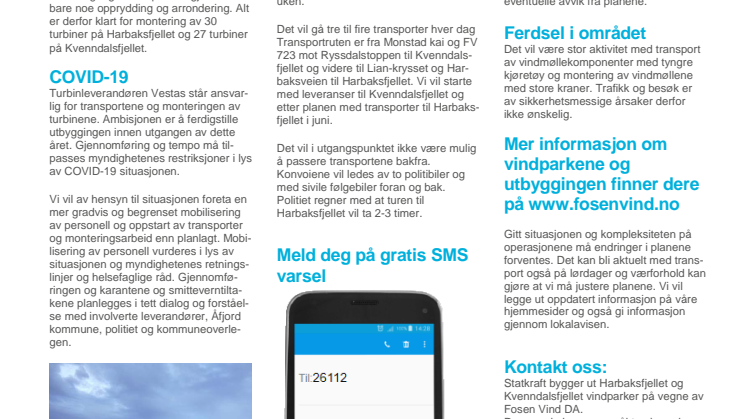 Nyhetsbrev transporter 2020 Kvenndalsfjellet og Harbaksfjellet vindparker