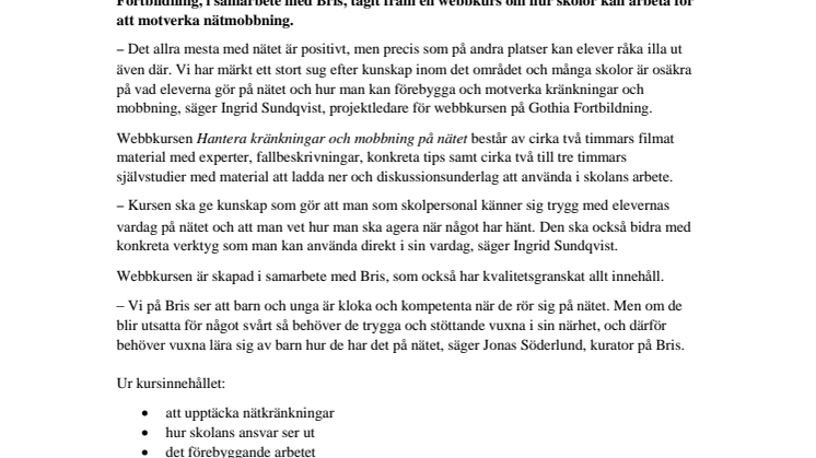 Bris och Gothia Fortbildning lanserar webbkurs om nätmobbning för skolan
