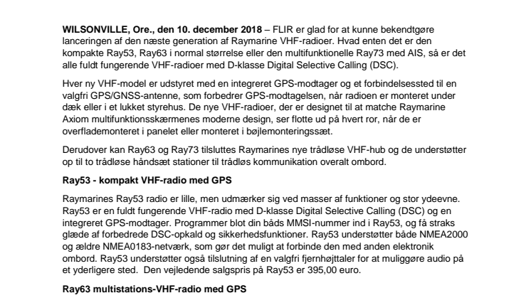FLIR lancerer næste generation af Raymarine VHF-radioer