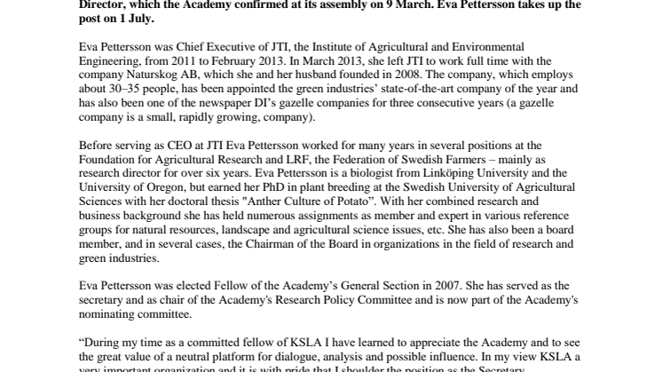 The Academy has appointed Eva Pettersson new Secretary General/Managing Director