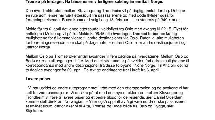Norwegian med 48 nye avganger i uken - ny direkterute Stavanger - Trondheim