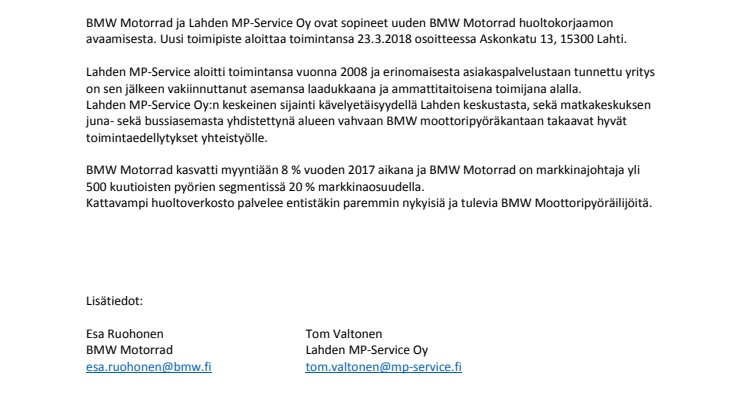 Muutoksia BMW Motorrad Huoltoverkostossa