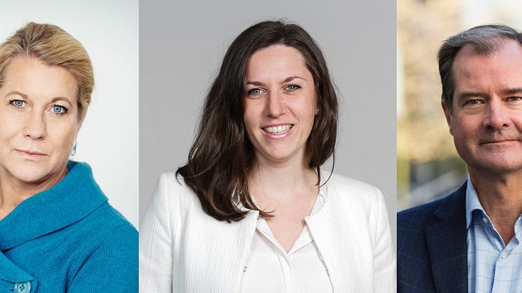 Fr vänster Catharina Elmsäter-Svärd, vd Byggföretagen, Cathrine Danin, senior ekonom på Swedbank Makroanalys och Mårten Lilja, vice vd Riksbyggen samt chef för affärsområde Bostad.