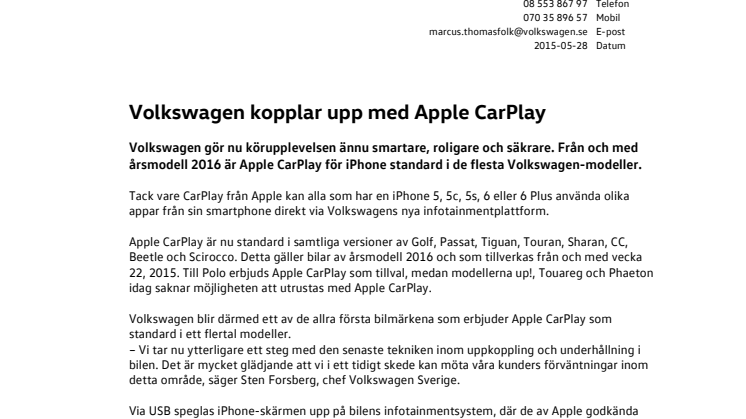 Volkswagen kopplar upp med Apple CarPlay