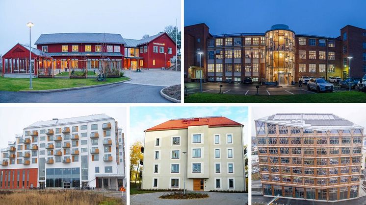 Uppe från vänster: Hovsta församlingshem, Gullvivan - tillbyggt trapphus. Nere från vänster:  Immanuelskyrkan, kyrka med bostäder ovanpå, flerbostadshuset Hägern i lantligt läge samt kontorshuset i korsningen.