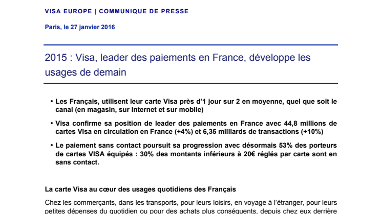 2015 : Visa, leader des paiements en France, développe les usages de demain 