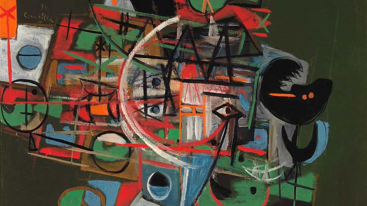 Corneille- "Mon canal chante", 1949.  Sign. Corneille 49 samt sign. på bagsiden Corneille 49 med titel. Olie på lærred. 70 x 70