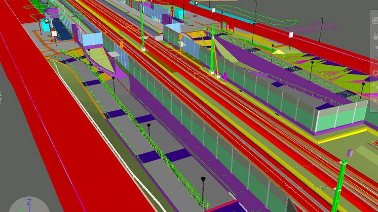 Kattarps station utmed Västkustbanan. Bro och stödmurar längs järnvägen, samt bullerskyddsåtgärder. Modell i Tekla Structures.