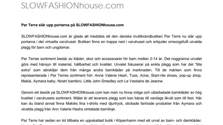 Par Terre barnkläder slår upp portarna på SLOWFASHIONhouse.com