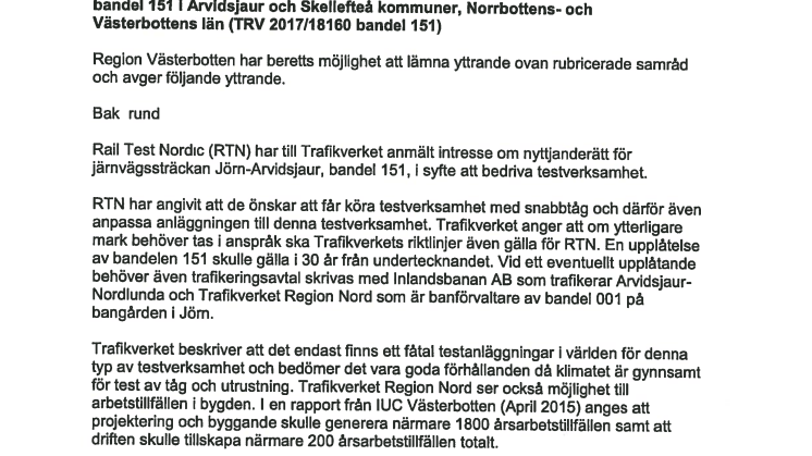Region Västerbotten positiv till tågtestbana Jörn-Arvidsjaur