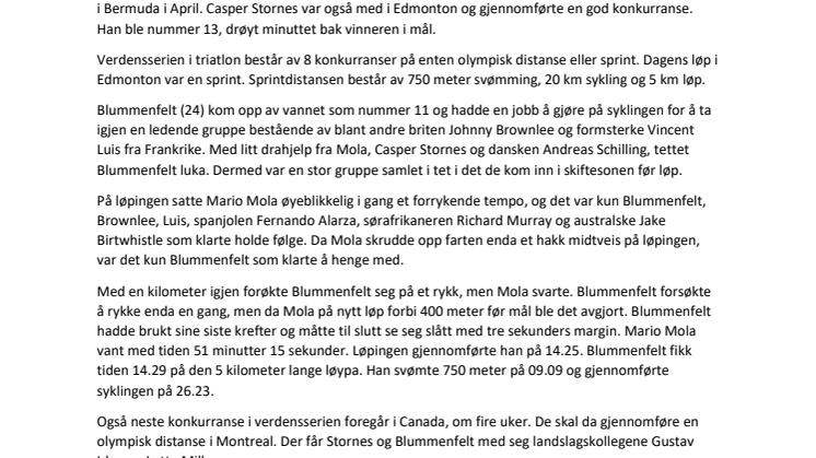Ny andreplass for Kristian Blummenfelt i verdensserien i triatlon (WTS)