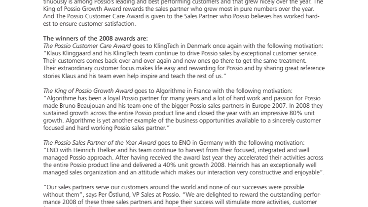 ANNUAL POSSIO SALES PARTNER AWARDS 2008