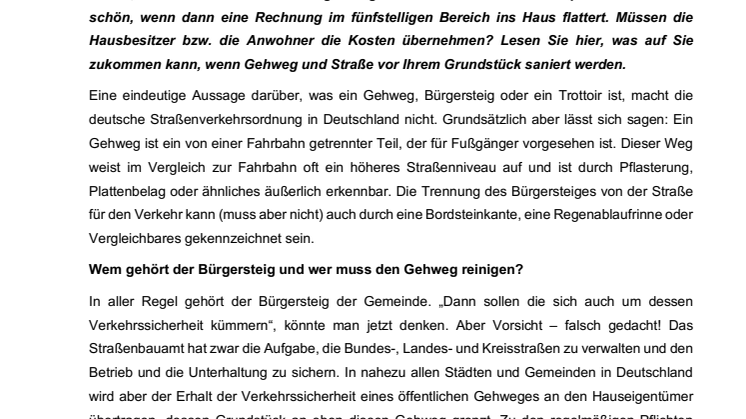 Wenn der Gehweg vor dem Haus saniert wird – wer muss was bezahlen?