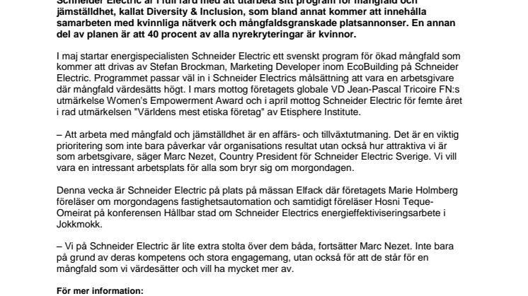Schneider Electric startar program för ökad mångfald och jämställdhet inom företaget – fokuserar på nyrekrytering av kvinnor